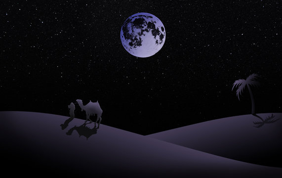 Illustration von Nacht Szene in die Wüste mit Vollmond, Palme und Beduine mit Kamel