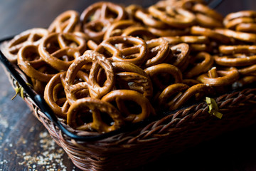 Organic Brown Mini Salty Pretzel Crackers  in Wooden Basket