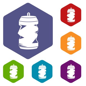 Crumpled aluminum cans icons set