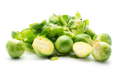 Boiled Brussels sprout heads with separated leaves isolated on white background.