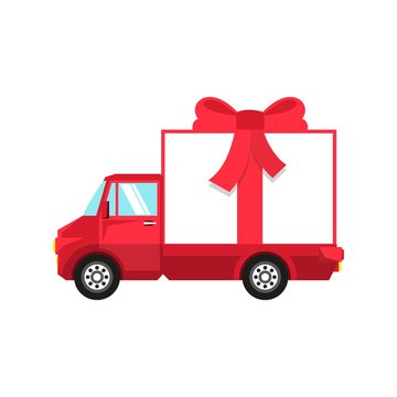 New Year red truck with box in the form of  gift box tied with  red bow.
