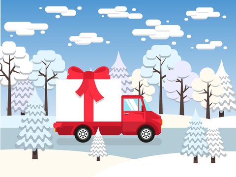 Red truck carries among winter forest huge gift tied with a red bow