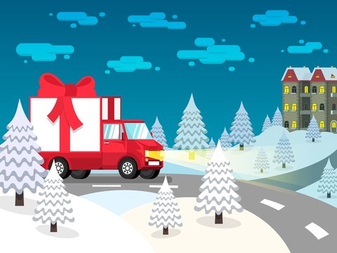 Truck loaded with gift box with a red bow rides on a snow-covered landscape with fir trees. 