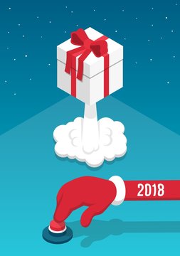 Santa's hand presses the red button and launches the gift box like a rocket. 3d isometric illustration.