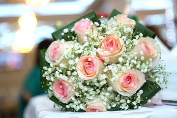 White wedding and engagement flower bouquet. Beautiful wedding bouquet with different flowers, roses. Wedding details