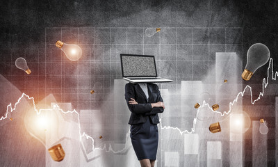 Business woman with laptop instead of head.