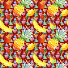 Exotic composition healthy food pattern in a watercolor style. Full name of the fruit: apple, pear, cherry, lemon, pineapple. Aquarelle wild fruit for background, texture, wrapper pattern or menu.