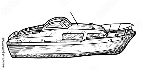 "Motor boat illustration, drawing, engraving, ink, line art, vector