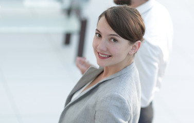 confident business woman on blurred background office.