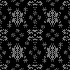 Vector seamless pattern with geometric snowflakes. White snowflakes on dark grey background.