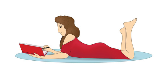 Woman writing in a diary, girl writing a book lying on the floor