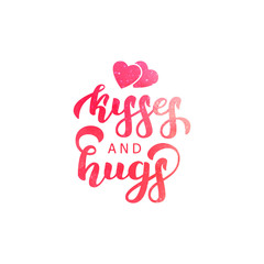 Vector isolated lettering of Kisses And Hugs for decoration and covering with watercolor style on white background. Concept of Happy Valentines Day and romance holidays.