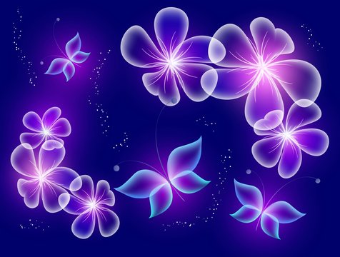 Glowing background with magic  butterflies and sparkling flowers.Transparent butterfly and flower.