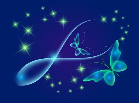 Glowing background with magic  butterflies and sparkling stars.Transparent butterfly and glowing stars.