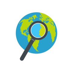 Magnifier on earth icon. Flat illustration of magnifier on earth vector icon isolated on white background