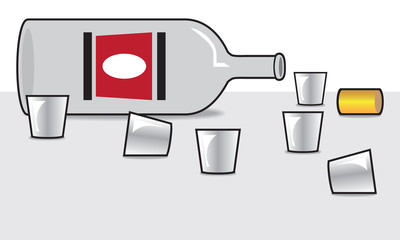 An empty bottle of alcohol is lying next to several empty shot glasses
