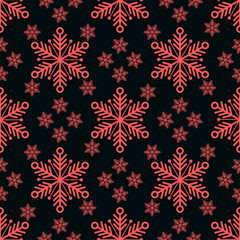 Fototapeta na wymiar Winter seamless pattern with white snowflakes on the red background. Vector Illustration. Repeated texture, surface, wrapping paper, for packaging, cards, banners design.