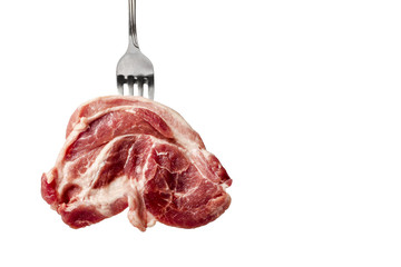 Large chunk of fresh cut meat on plug on white background