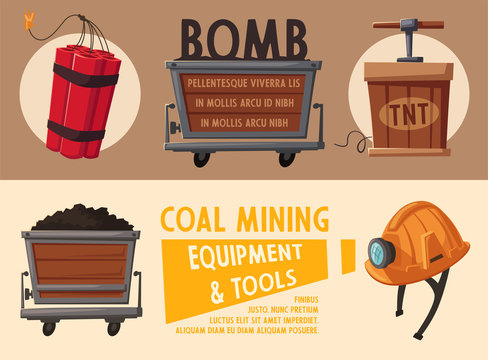Banners with mining tools. Worker's inventory. Cartoon vector illustration