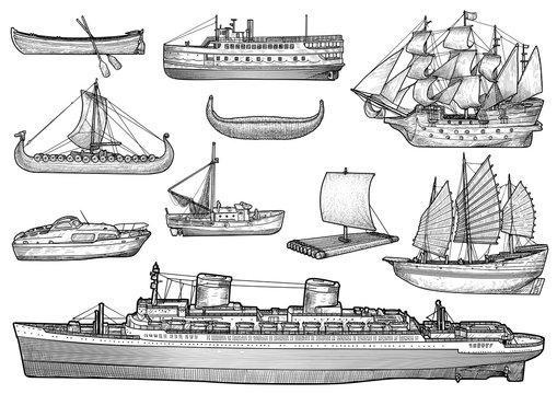Ship, boat illustration, drawing, engraving, ink, line art, vector