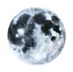 Big watercolor moon illustration. Symbol of new beginning, dreaming, romance, fantasy, magic. Black, grey colors, circle, full view. Hand drawn water colour painting, isolated on white background.
