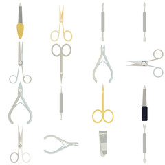 A collection set vector of manicure accessories - nail files, manicure tools, nail scissors, tweezers, nail polish, sticks. hand cream, nail polish remover, brush.