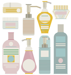 A collection ofcleaning supplies and forms - a bottle, a bottle, a container, a spray, a liquid soap, a shampoo, a hair spray, a deodorant, a shower gel, a hair conditioner, a bath foam, a cream.