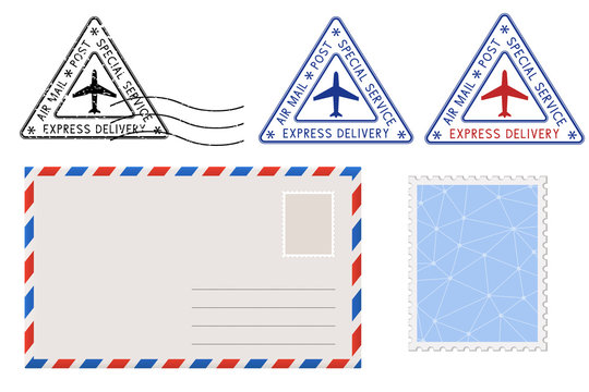 Envelope, stamp and triangle postmarks. Postal set
