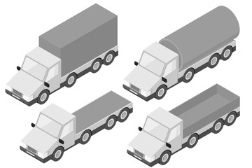 Trucks. Collection of gray isometric vehicles