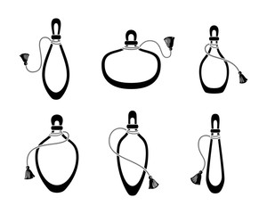 Perfume bottles with tassel icons set, silhouette.