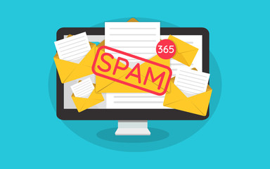 Spamming mailbox concept, a lot of emails on the screen of a monitor. Email box hacking, spam warning. Vector Illustration - obrazy, fototapety, plakaty