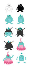 Monsters in outfits vector illustration set