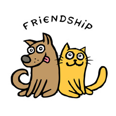 Friendship dog Kik and cat Tik. Best friends. Vector illustration.