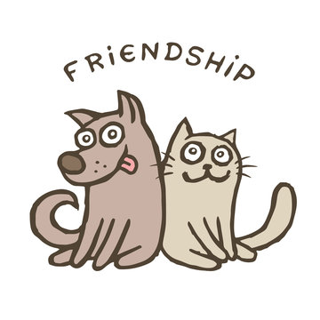 Friendship dog and cat. Best friends. Vector illustration.