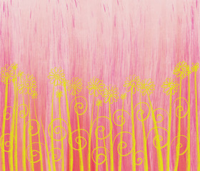 Colorful hand drawn bright yellow curves as flowers on red abstract texture stripe background, cartoon illustration of vertical lines with floral design painted by chalk on canvas, high quality