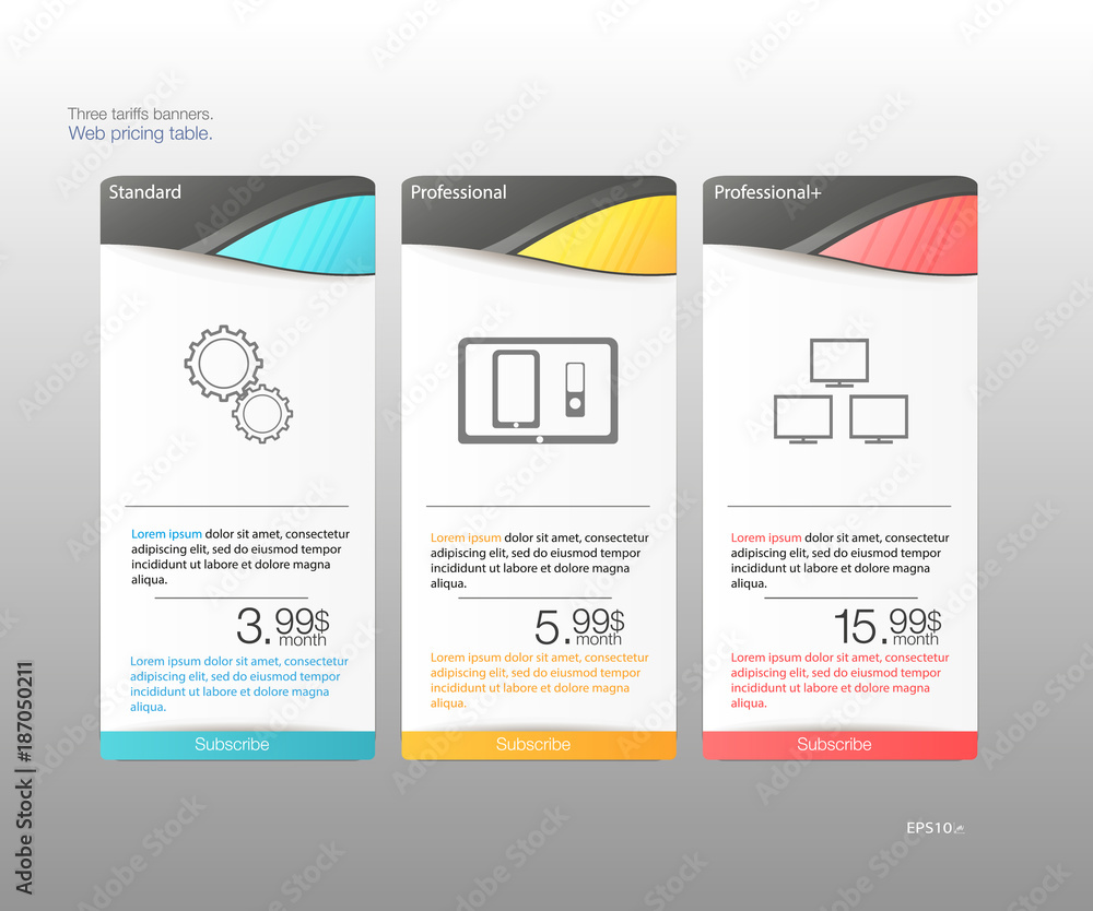 Aufkleber three tariffs banners. web pricing table. vector design for web app. price list. grouped correctly. 