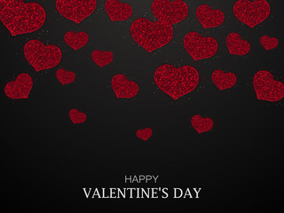 Valentines day background. Red glitter hearts on black background