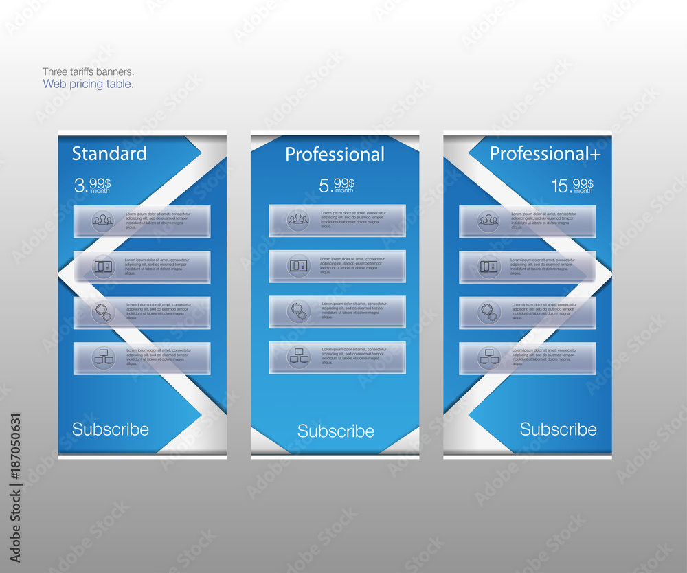 Aufkleber three tariffs banners. web pricing table. vector design for web app. price list. grouped correctly. 