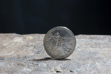 United States money. Five cents coin. 2005. On stone texture.