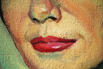 uśmiechnięta twarz kobiety z bliska, olej na płótnie tekstury, malarstwo, ilustracja - 187051416