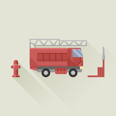 fire truck with fire hose and fire hydrant vector icon flat style