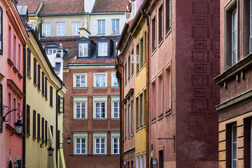 Colorful historic tenement houses at the old town of Warsaw, Poland