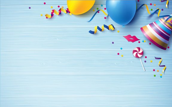 Carnival background flat lay. Balloons, streamers, candy, confetti on blue wooden background. Vector illustration