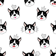 Funny cartoon dogs characters seamless pattern. Facial expression, Vector illustration isolated on white background. Good for wallpaper, pattern fills, greeting cards, wrapping paper and textile.