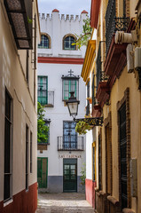 Fototapeta na wymiar Cobblestron street in the Jewish neighborhood in Seville, Spain