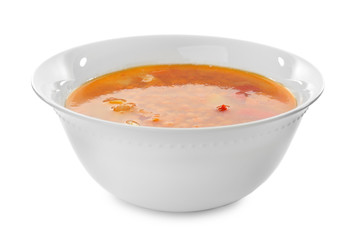 Bowl with tasty lentil soup on white background