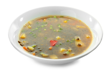 Plate with tasty lentil soup on white background