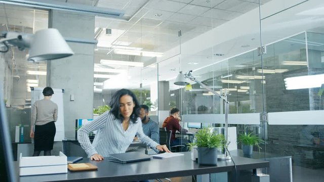 Busy International Office, Beautiful Hispanic Woman Takes Her Place at Her Desk and Starts Working on a Laptop, She Waves Hello to the Passing Colleague. 