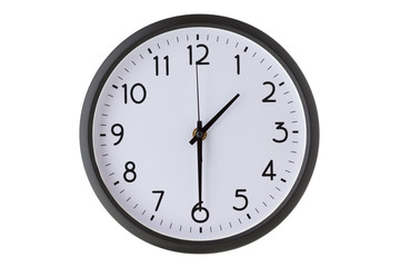 Round office wall clock on white,