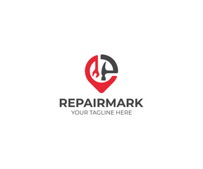 Repair and Construction Placemark Logo Template. Wrench and Hammer Vector Design. Work Tools and Pinpoint Illustration